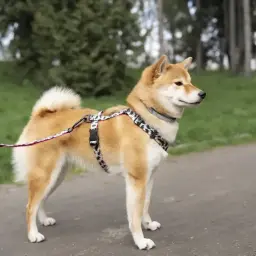 Shiba pies w szelkach na spacerze. Zastanawiasz się nad shiba pies cena?