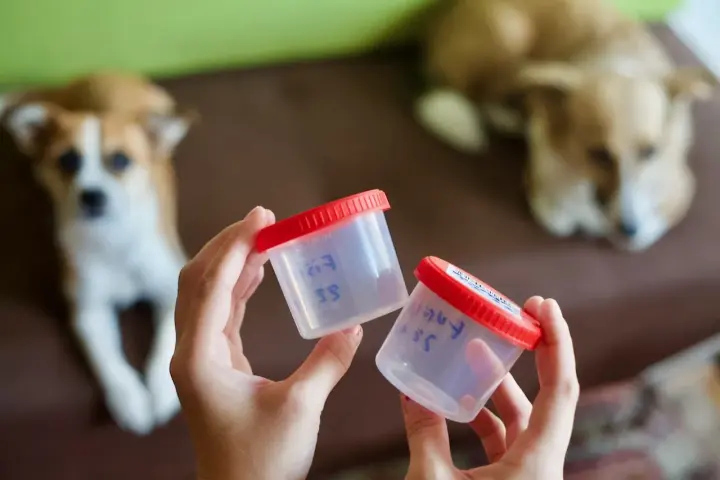 Dwa pojemniki na próbki kału, przygotowane do badania na pasożyty u psa. Cena takiego badania jest niewielka, a pozwala zadbać o zdrowie pupila.